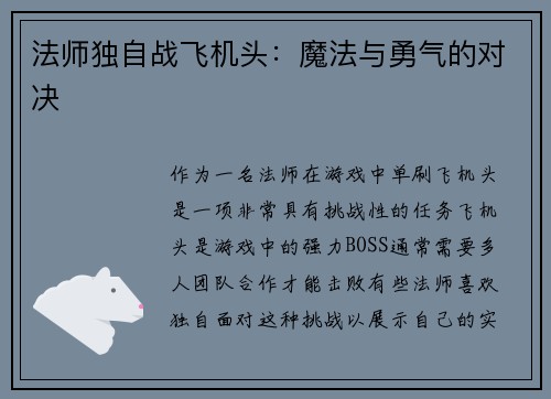 法师独自战飞机头：魔法与勇气的对决