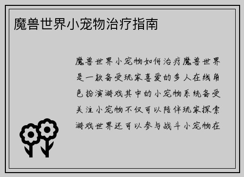 魔兽世界小宠物治疗指南